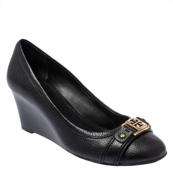 Tory Burch Ambrose Black Wedge Pump Leather Round Toe Slip On Gold Logo 5.5 - Picture 1 of 9
